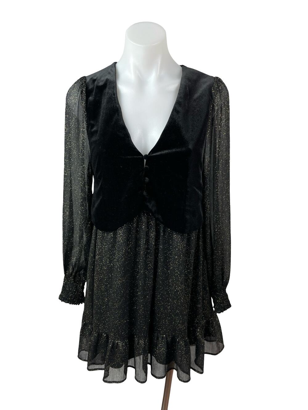 Zara Black Velvet Velour Mesh Sheer Glitter Long Sleeve A Line Mini Dress Sz XS